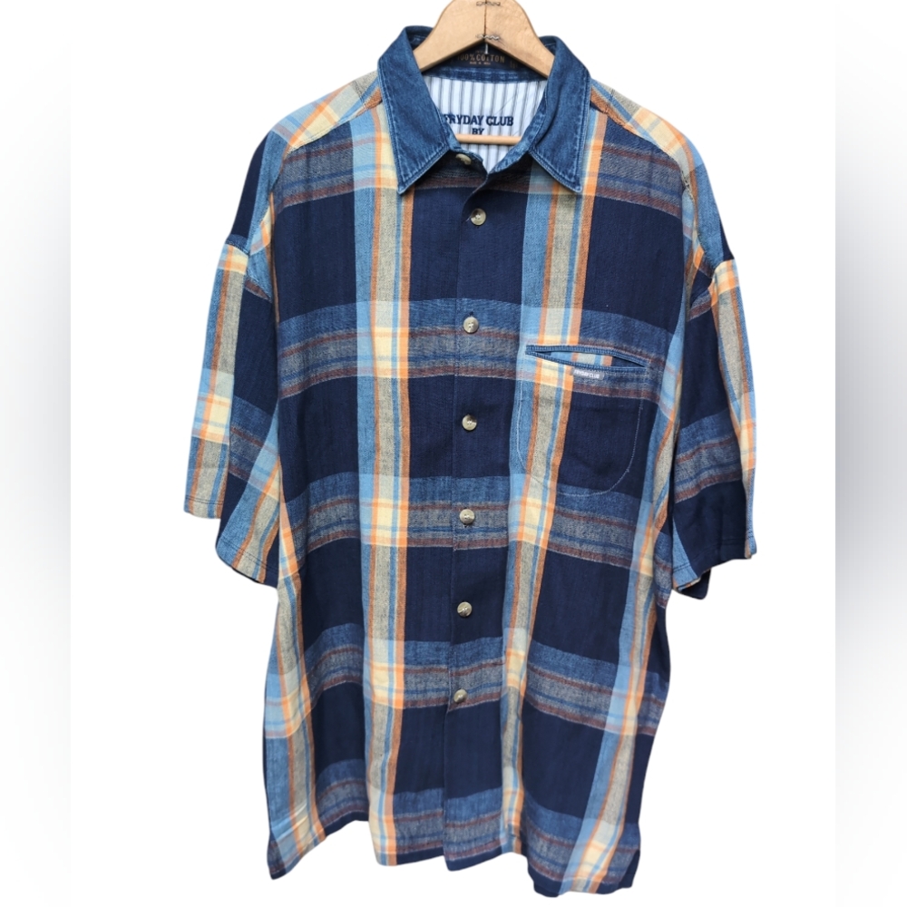 Vimtage Fryday Club Blue Plaid Knit Short Sleeve Button-Up Shirt Men's LARGE